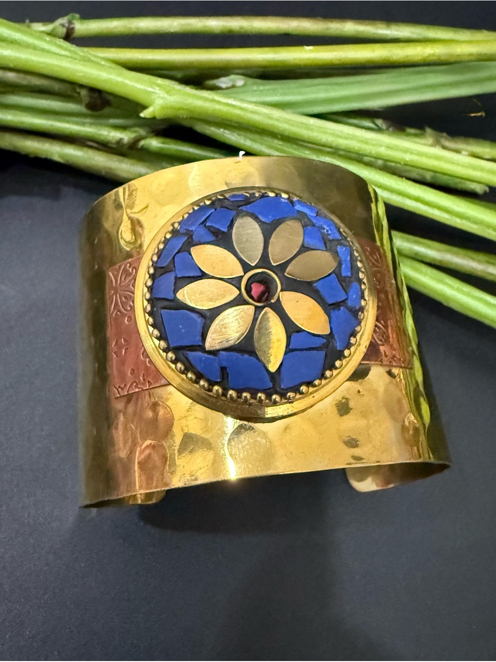 Handcrafted Hammered Brass with Copper Blue/Gold Flower Mosaic Cuff Bracelet